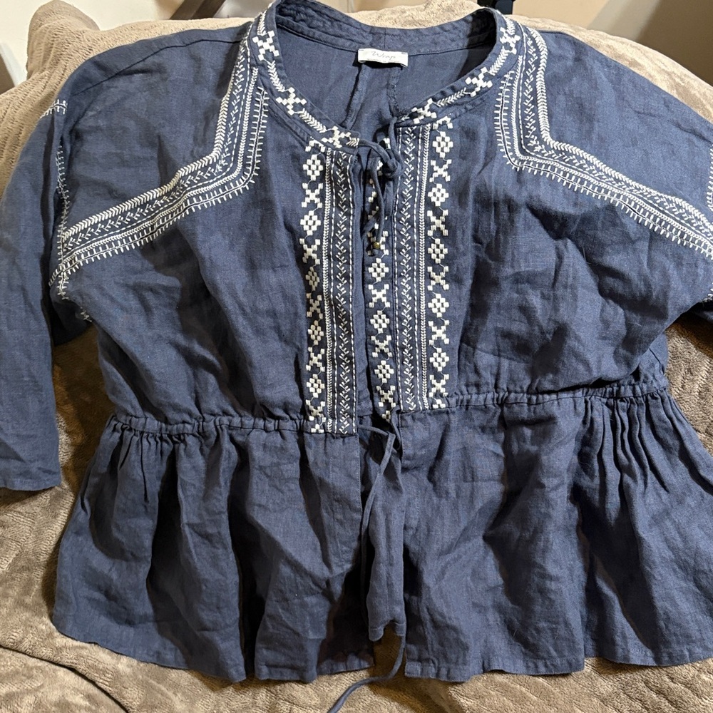 Wrap London Navy Blouse with White Embroidery